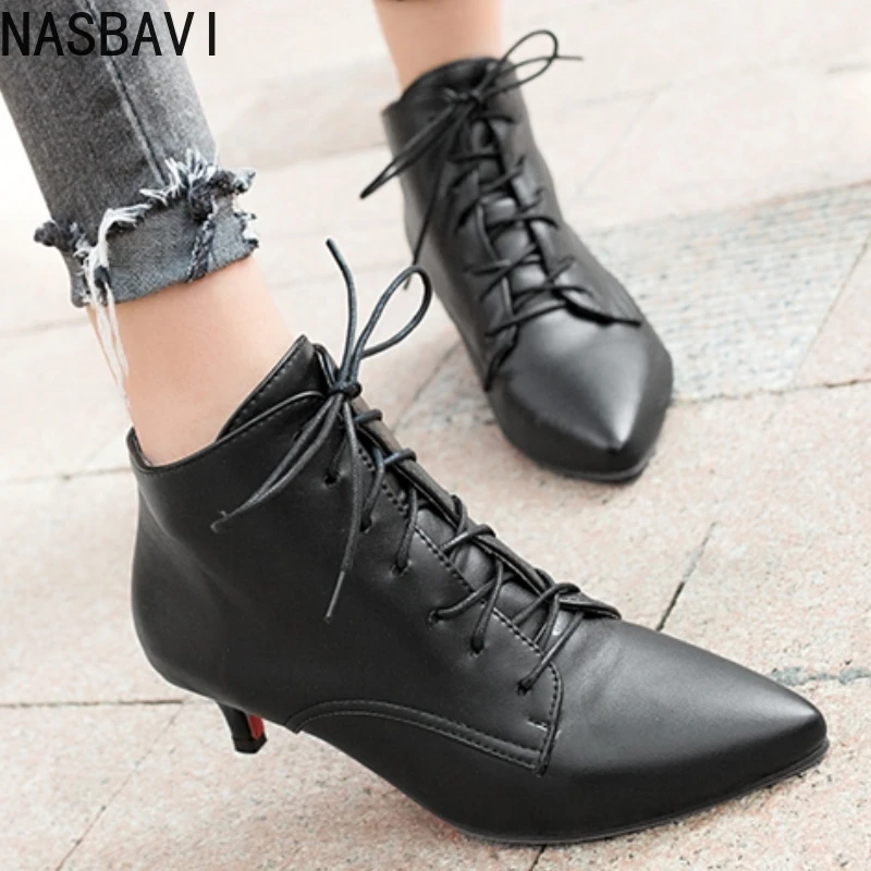 

NASBAVI White Red Women's Ankle Boots Autumn Winter Short Dance Shoes Black Lace-up Medium Heels Party Footwear Large Size 45