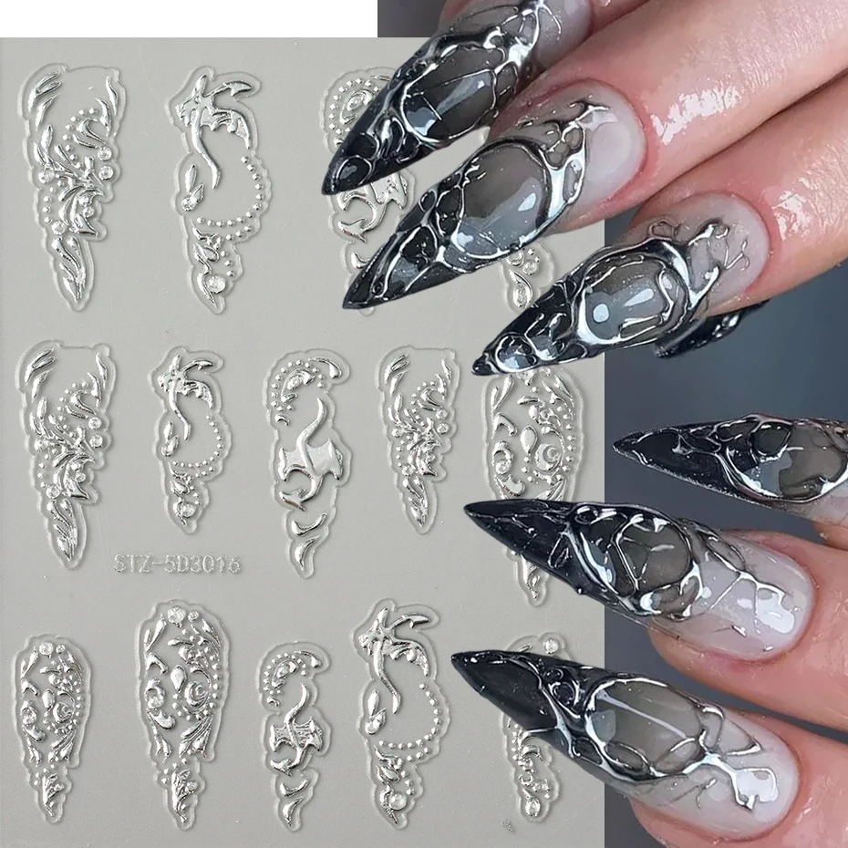 2pcs Gold Silver Line Dragon Nail Art Stickers Chrome 3D Adhesive Sliders Gothic Aesthetic Nail Decals Foil Decorations Manicure