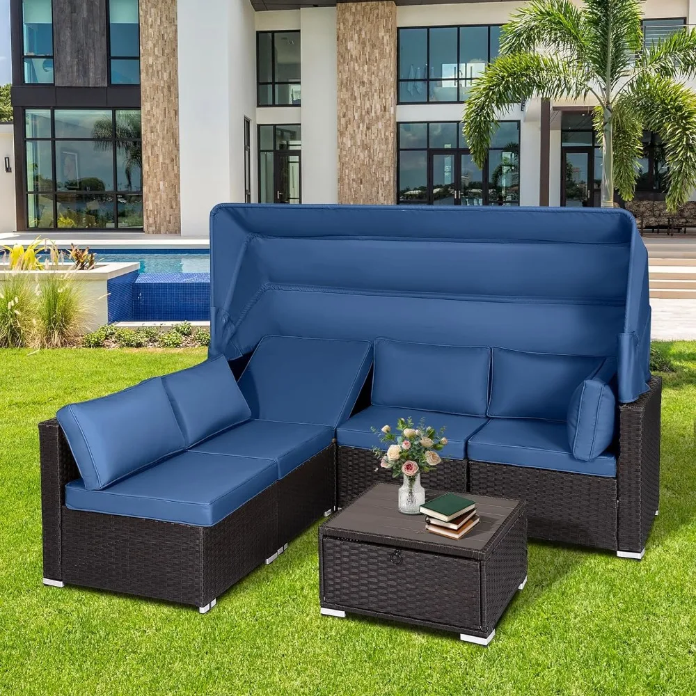 Outdoor Furniture Sets 6-piece Set Patio Segmented Rattan Sofa Set With Adjustable Backrest and Pool Side Table (navy Blue)