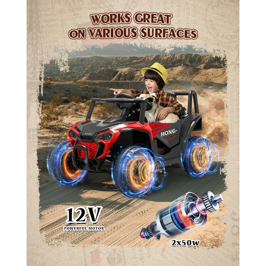 Camión eléctrico UTV con batería para coche, 12V, con Control remoto para padres, Bluetooth, música, luz LED, 3 velocidades, arranque suave, Saf