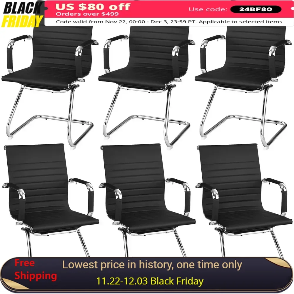 Conference Chairs Set of 6 with Protective Arm Sleeves & Sled Base, Modern PU Leather Classic Mid Back Guest, Conference Chairs