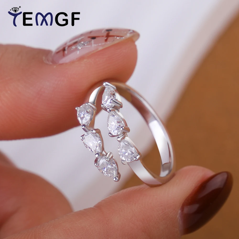 

TEMGF 3*4mm Pear Cut Moissanite Rings for Women S925 Silver Wedding Party Open Band Shiny Tail Ring Fine Jewelry Pass the Test