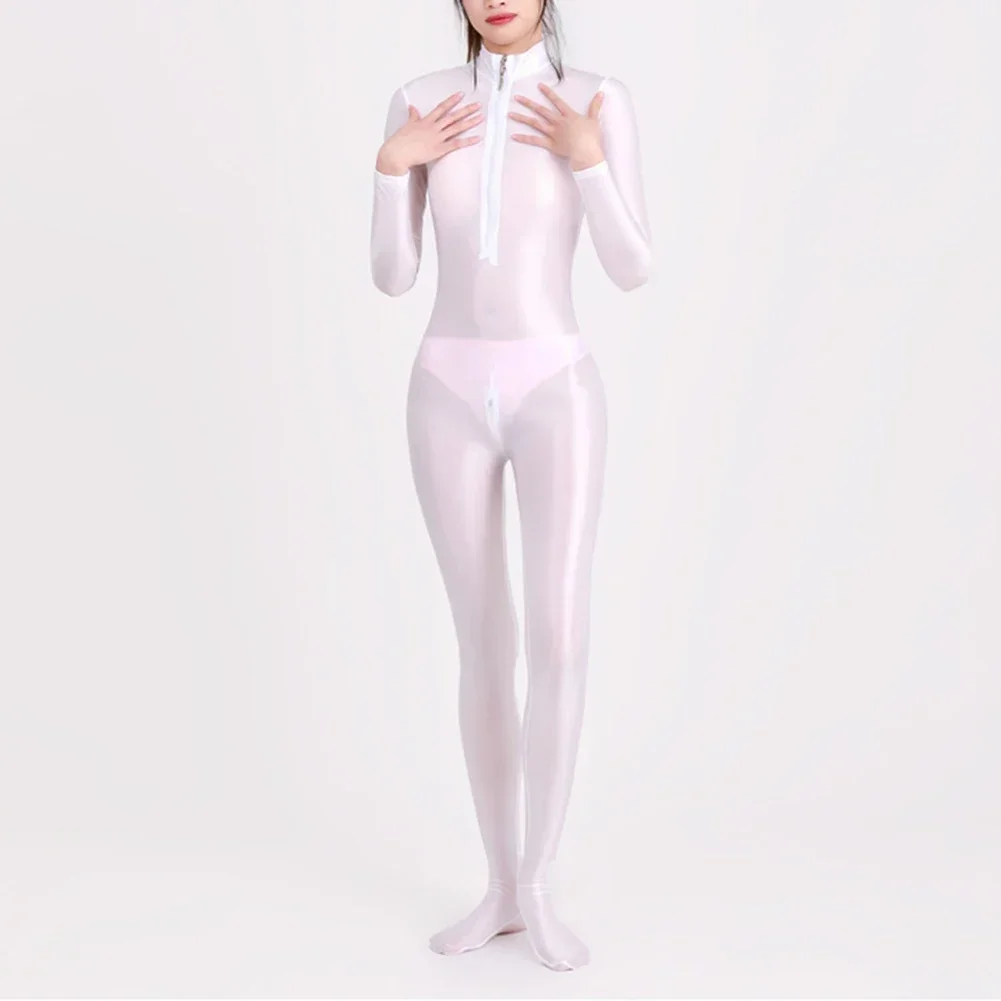 Women Oily Glossy Long Sleeve Elastic Bodysuit Full Body Tights Crotchless Bodycon Rompers Swimsuit New