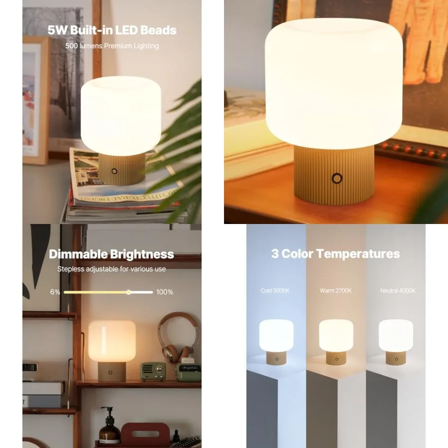 

Halo Mushroom Lamp, 5W Cute Cordless Rechargeable Table Lamp with Glass Shade, 3 Color Temps LED Dimmable Ambient Lighting, Sma