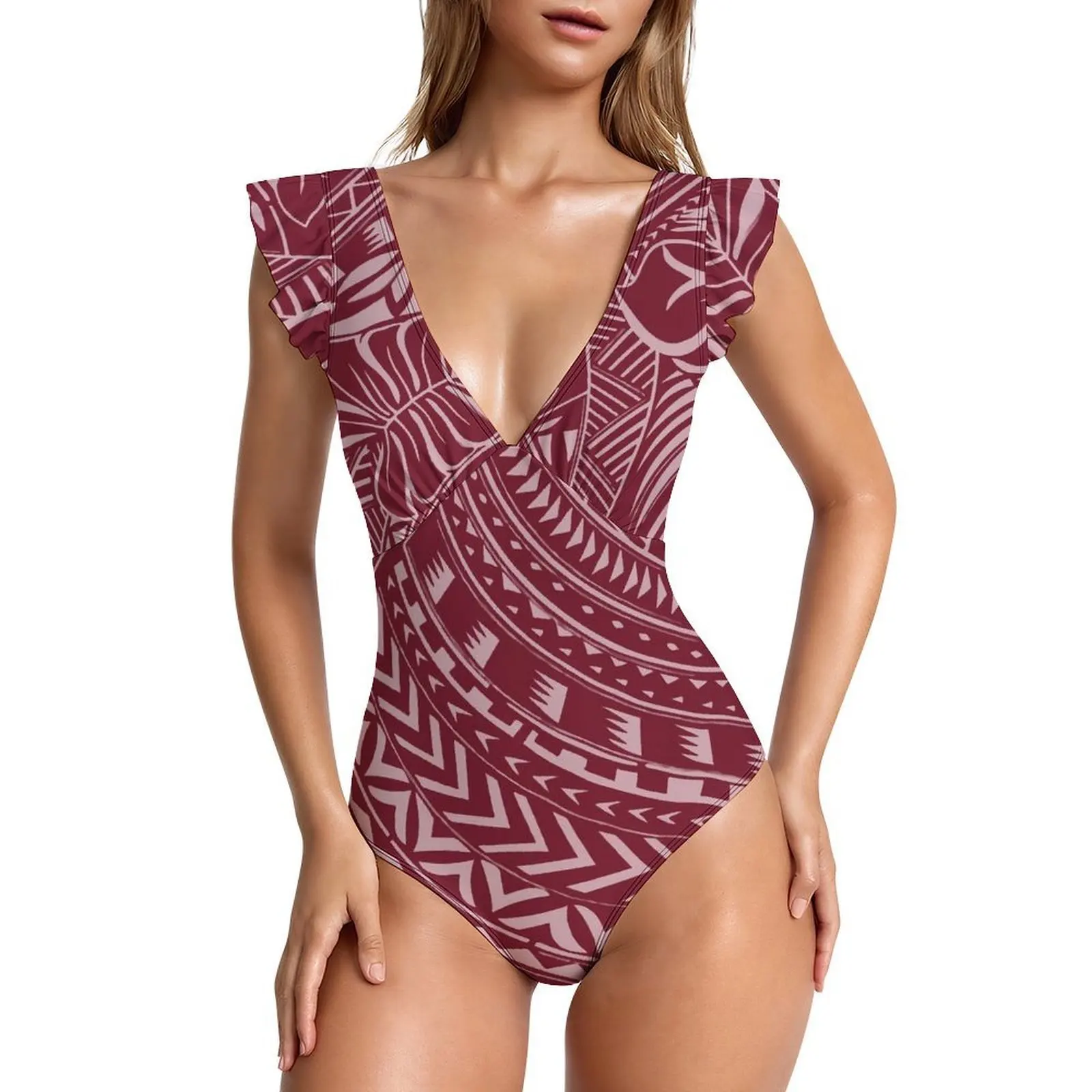

Polynesian Custom Tribal Ethnic Print Women'S Large V-Neck Conservative Swimsuit With Ruffled Sleeves And Sexy One-Piece Bikini