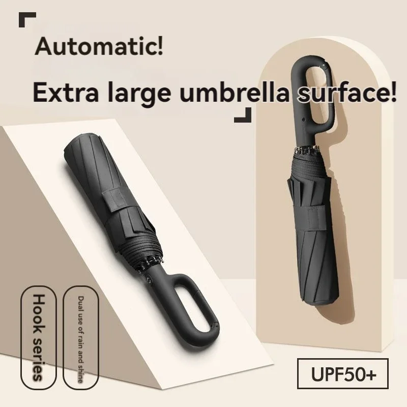 Large reinforced UV-resistant windproof rainproof fully automatic rotating buckle folding umbrella with double ribs