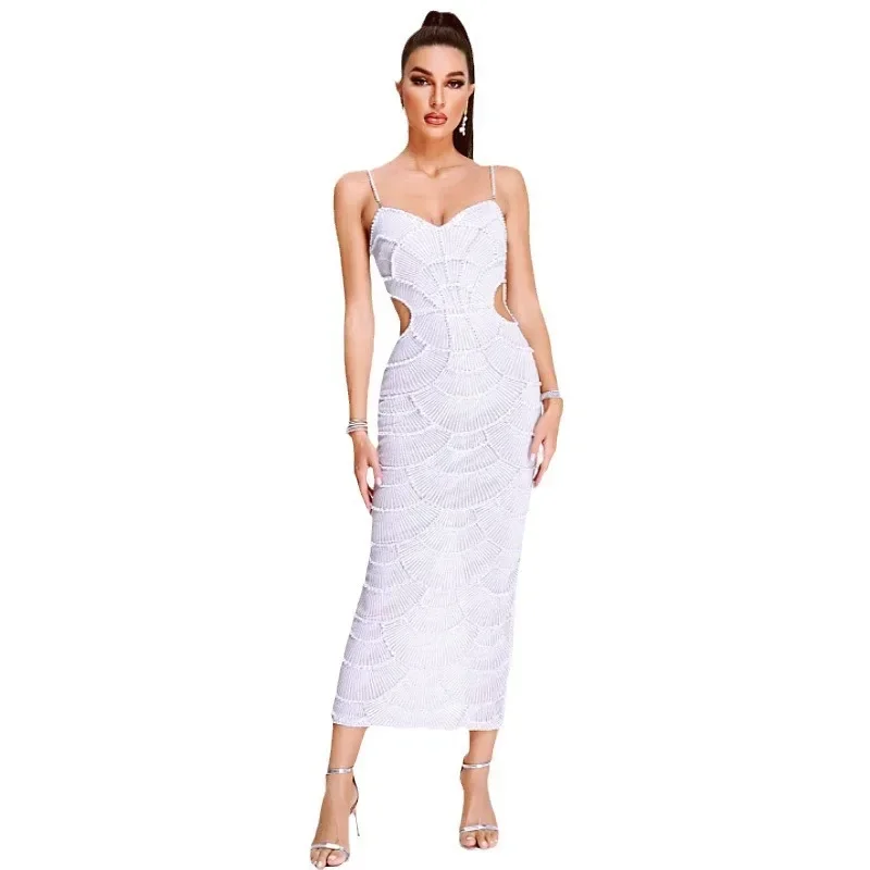 المرأة الفاخرة مثير الخامس الرقبة اللؤلؤ الأبيض الديكور قطع ماكسي طويل Bodycon فساتين عيد ميلاد أنيقة مساء فستان الحفلات والنوادي