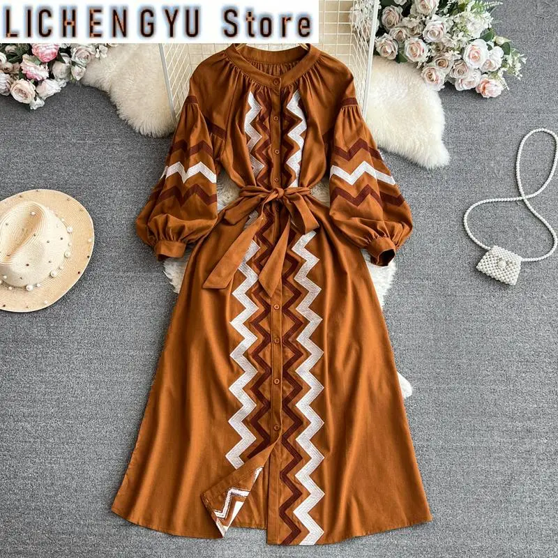 

Sweet Style Dress Lantern Long Sleeve Single-breasted Contrast Color High Waist Dresses Autumn Winter