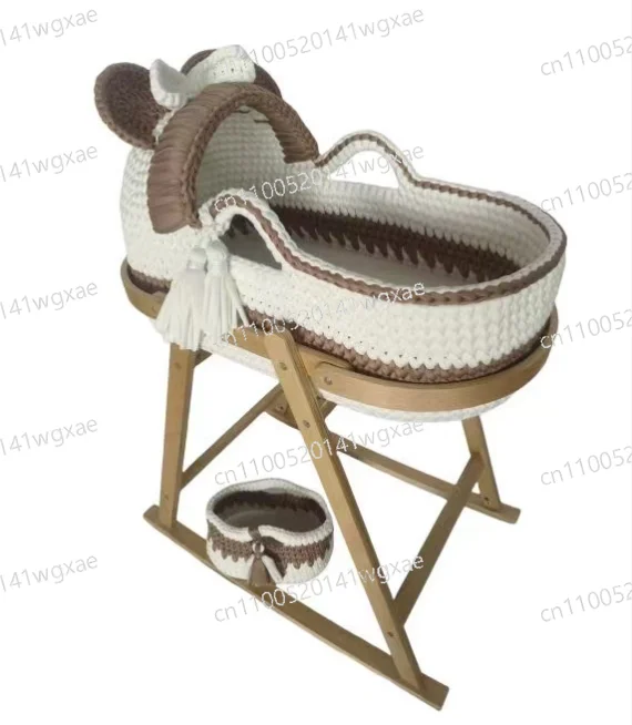 Newborn Baby Nest Lounger Cradle Crib with Wooden Frame Hand-Crocheted Bassinet Soft Mattress Portable Infant Sleeping Bed