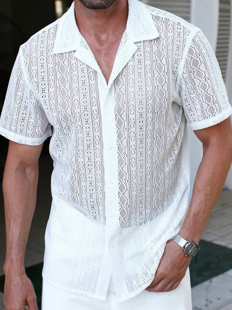 Men's Jacquard Short Sleeve Shirt French Casual Fashion Summer Loose Breathable White Lapel Single-breasted Hollow Out T-shirt