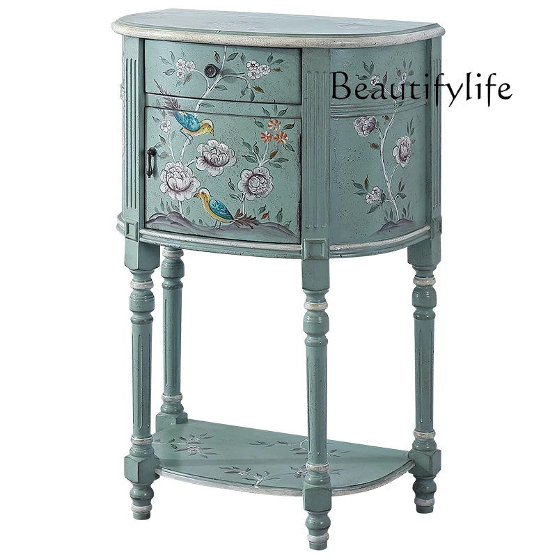 

American retro blue semicircular entrance table solid wood feet old decorative entrance cabinet painted living room side table