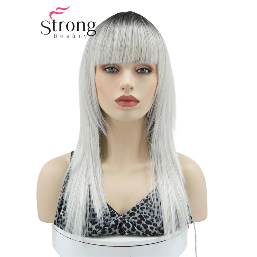StrongBeauty Long Straight Hair Wigs Ombre Silvery White Blonde Color Swept Bangs Full Synthetic Wig for Women COLOUR CHOICES