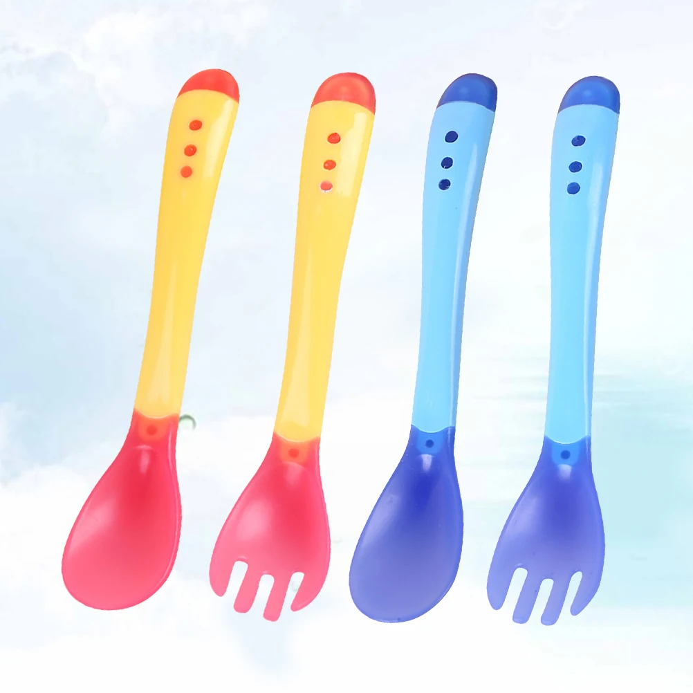 

4Pcs Infant Utensils Set Color Changing Spoon Fork Baby Feeding Tools Eco Friendly Safe Design Great Gift for Newborns