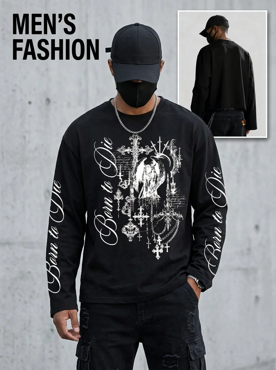 Y2k men's Gothic style angel cross print top loose and slimming versatile base shirt, casual sports long sleeved T-shirt top