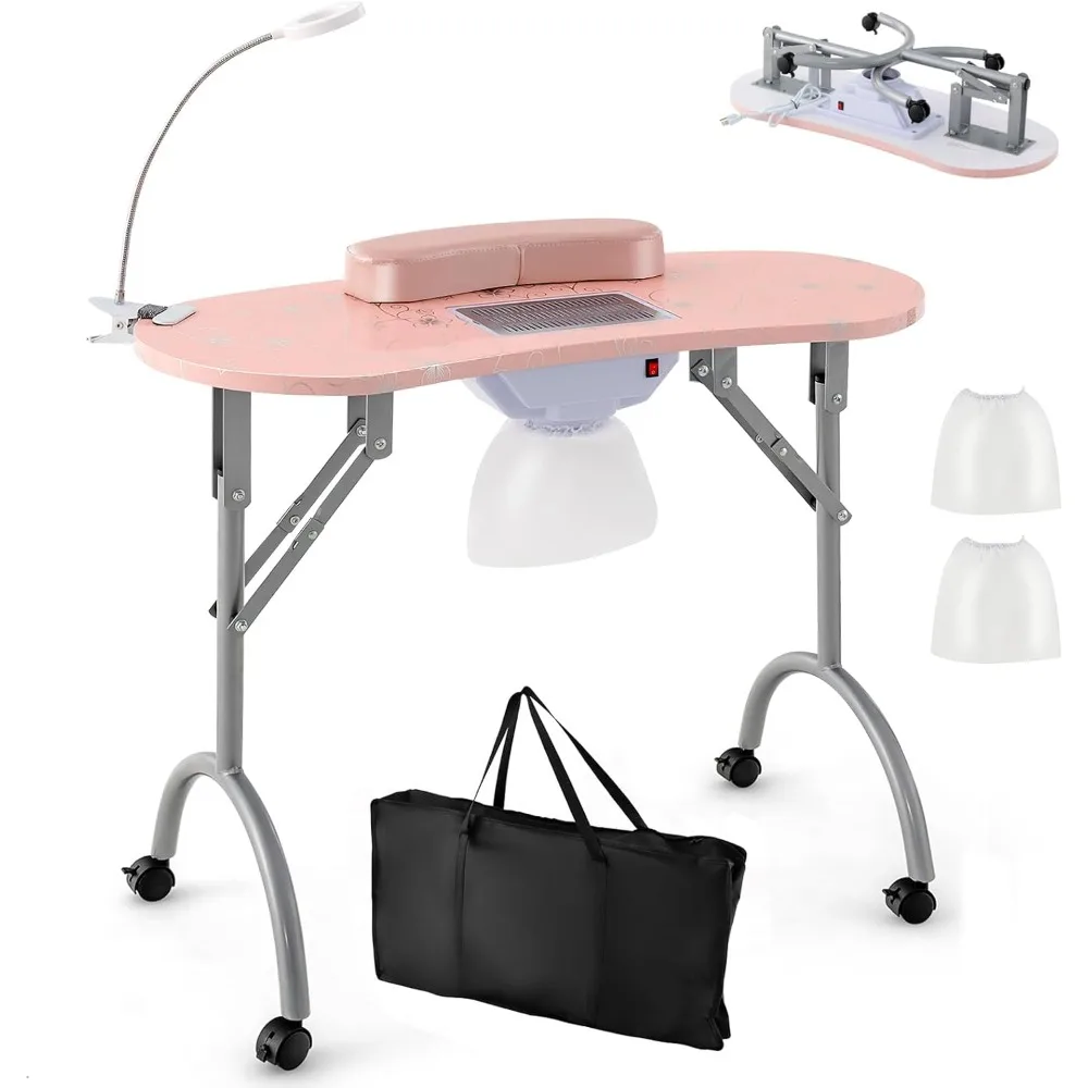 LDAILY Portable Nail Table, Foldable Nail Technician Desk w/Electric Dust Collector, Bendable LED Lamp, Removable Armrest Pad