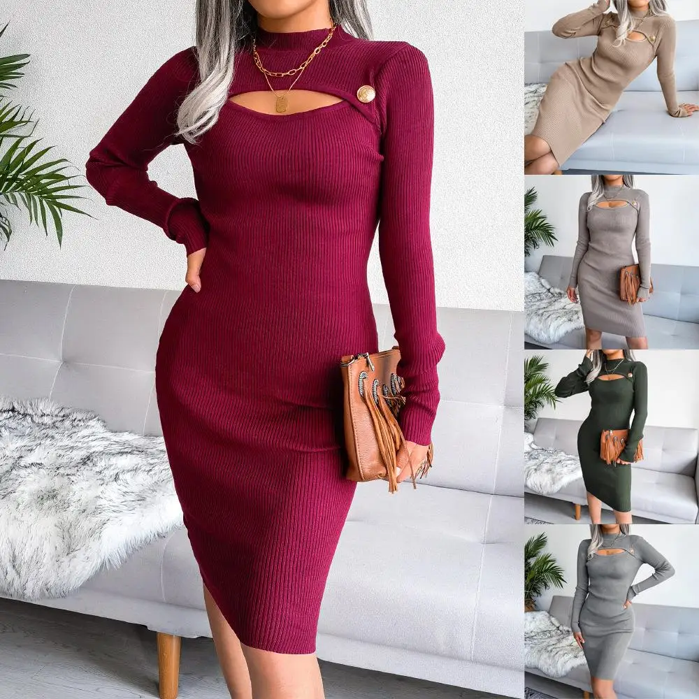 

Sexy Hollow out Knitted Dr Autumn Winter Long Sve Cross-Border Independent Station Wi Women's Clothing Bodycon Skirt