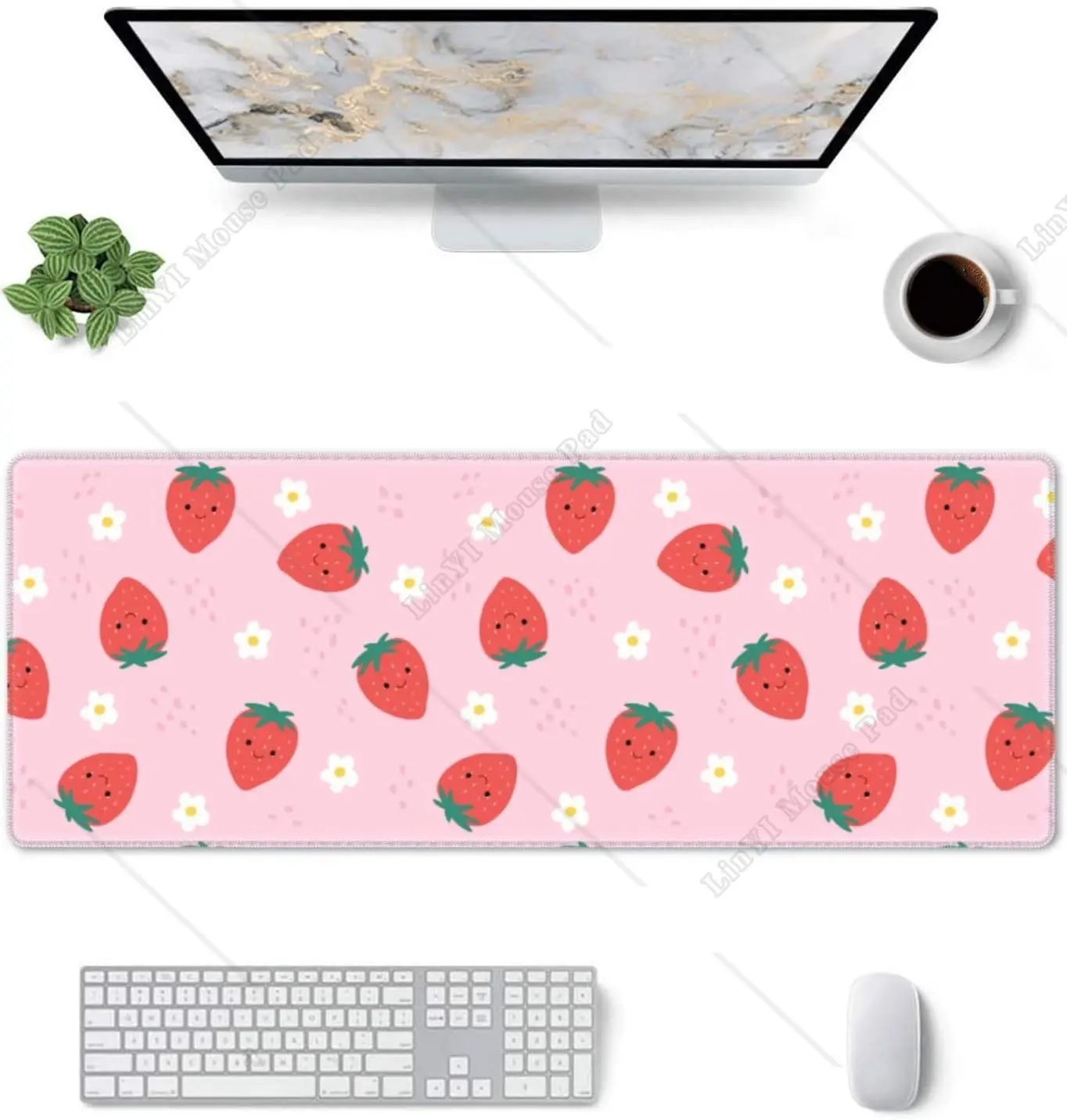 Pink Strawberry Large Mouse Pad XL Gaming Mousepad with Non-Slip Rubber Base for Office Work Laptop Computer 31.5'' X 12'' Inch