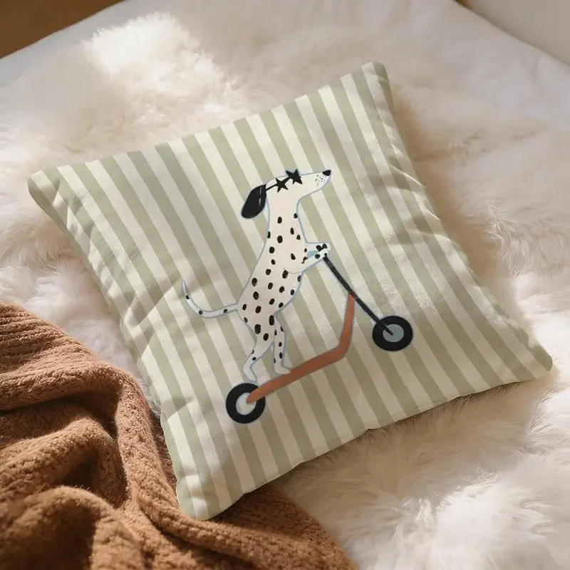 1pc Cartoon Dalmatian Dog On Scooter Cushion Cover Green Striped Pillowcase For Sofa Bedroom Home Decor Soft Breathable