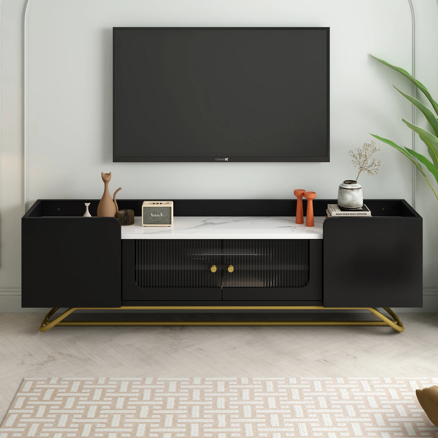 ON-TREND Sleek Design TV Stand with Fluted Glass, Contemporary Entertainment Center for TVs Up to 70