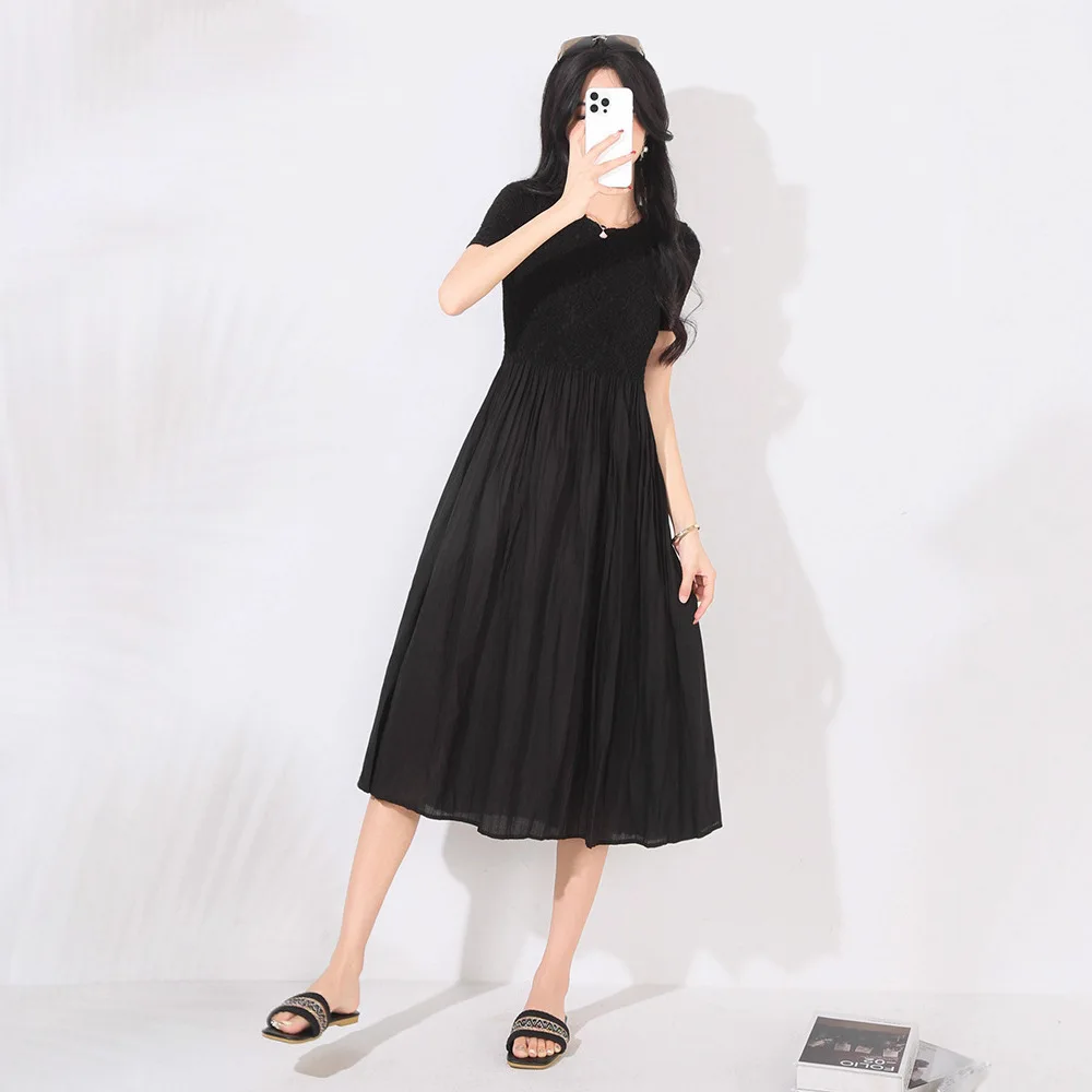 

Miyake Fashion Patchwork Pleated Dress 2025 Summer New Women's Crew Neck Short Sleeve Casual Versatile A-Line Skirt