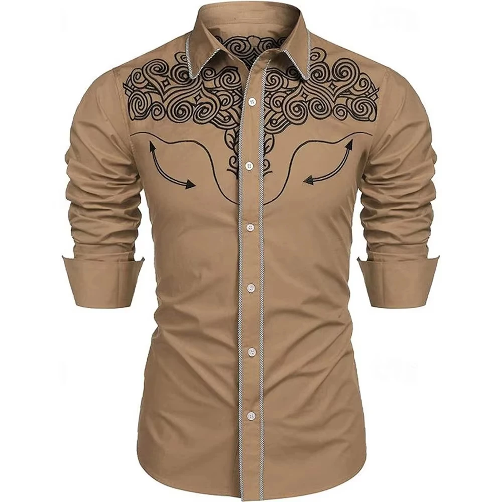 

New Retro Men's Lapel Shirt Men's Exquisite Ethnic Print Slim Shirt New Fall Fashion Office Long-sleeved Blouse Elegant Shirt