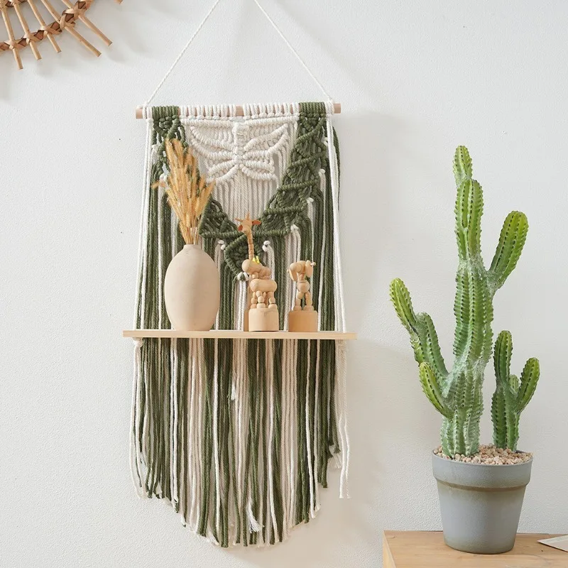 1 PC Bohemian Style Handwoven Cotton Cord Wall Shelf with Minimalist Fringe Design for Bedroom and Living Room Decoration Shelf