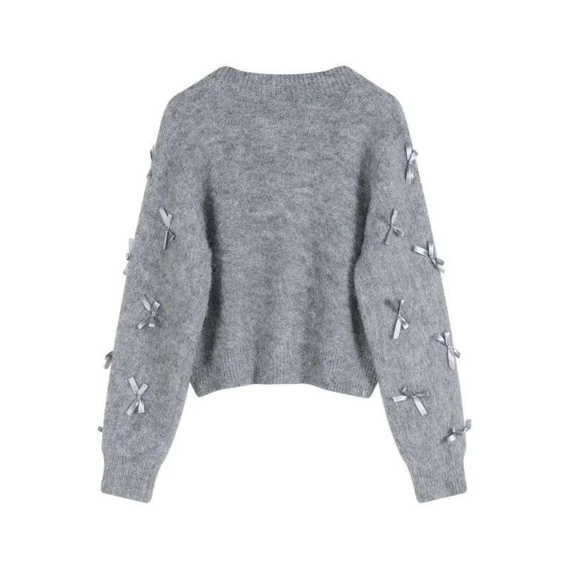 Fairycore Long Sleeve Bow Patchwork Women Cardigan O Enck Aesthetic Sexy Solid Sweet Knitted Fashion Soft Jumpers