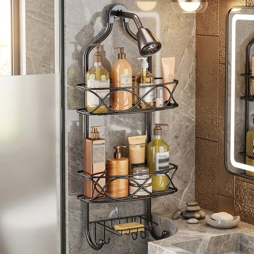 Metal 3-Tier Shower Organizer Hanging Over Shower Head with Hook Set and Soap Holder Black Rust Resistant Rack