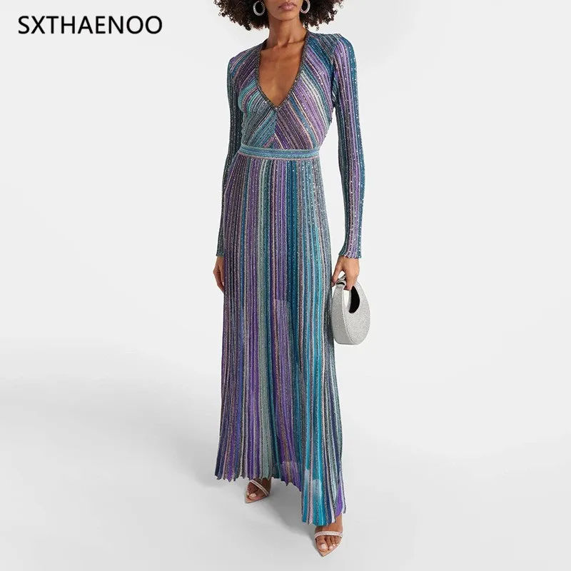 SXTHAENOO mujeres de manga larga con cuello en V Color Seda brillante mosaico raya cintura temperamento vestido largo de punto ropa femenina 2025
