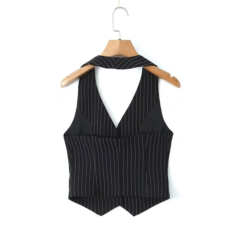 KEYANKETIAN 2024 New Launch Women's Striped Waistcoat Spring Fashion Sexy Single Breasted Halter V-Neck Slim Sleeveless Top Vest