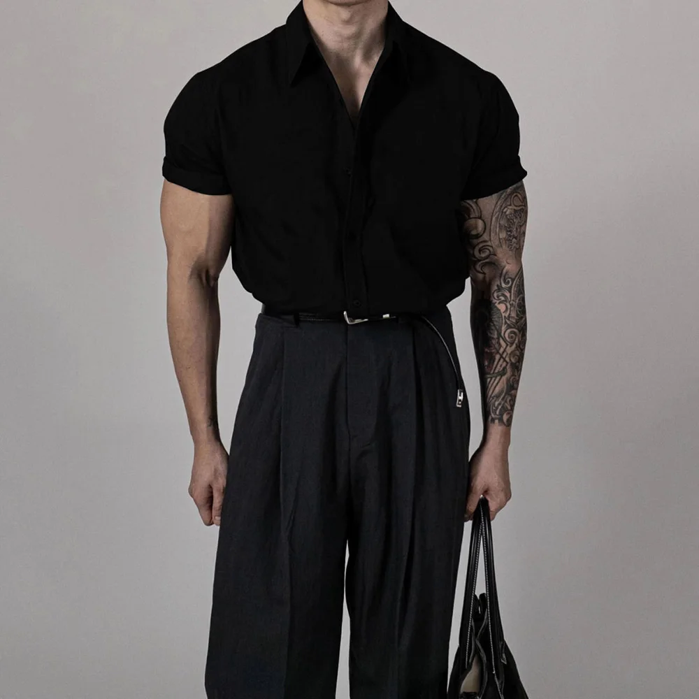 Mens Shirt Casual Slim Fit Top Breathable Thin Gym Fitness Solid Color Versatile Simple Shirt Men'S Clothing 2024 Summer New