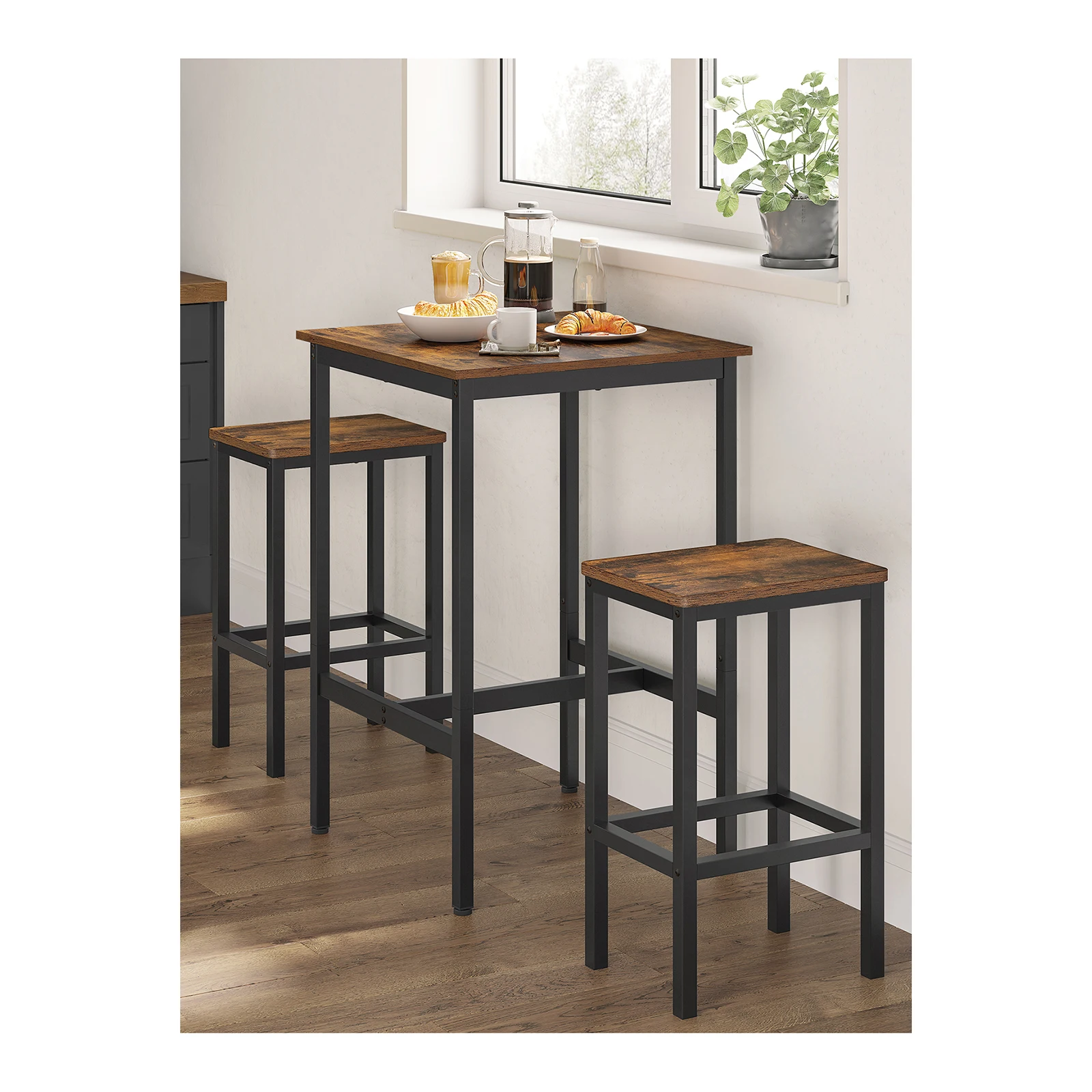 VASAGLE Square Bar Table Set, 2 Bar Stools, Dining Pub Table for 2, Space-Saving Kitchen Breakfast Set, Living Room, Party Room