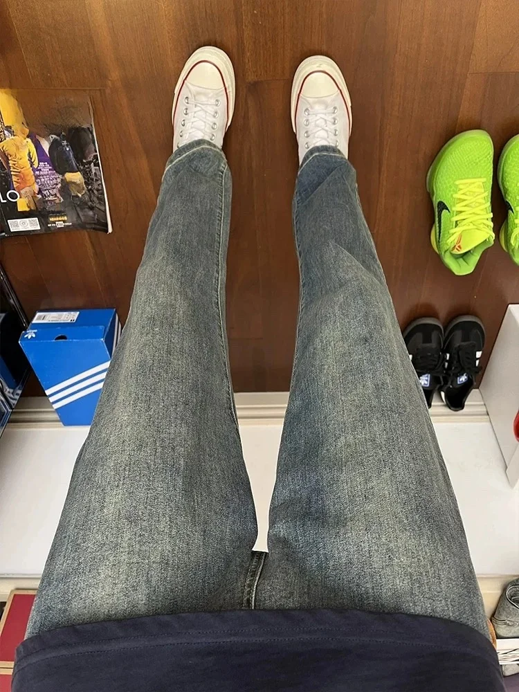 

American High Street Retro Blue Slim Fit Men's Jeans Elastic Straight Leg Pants mid Waist Cotton Polyester Blend Denim