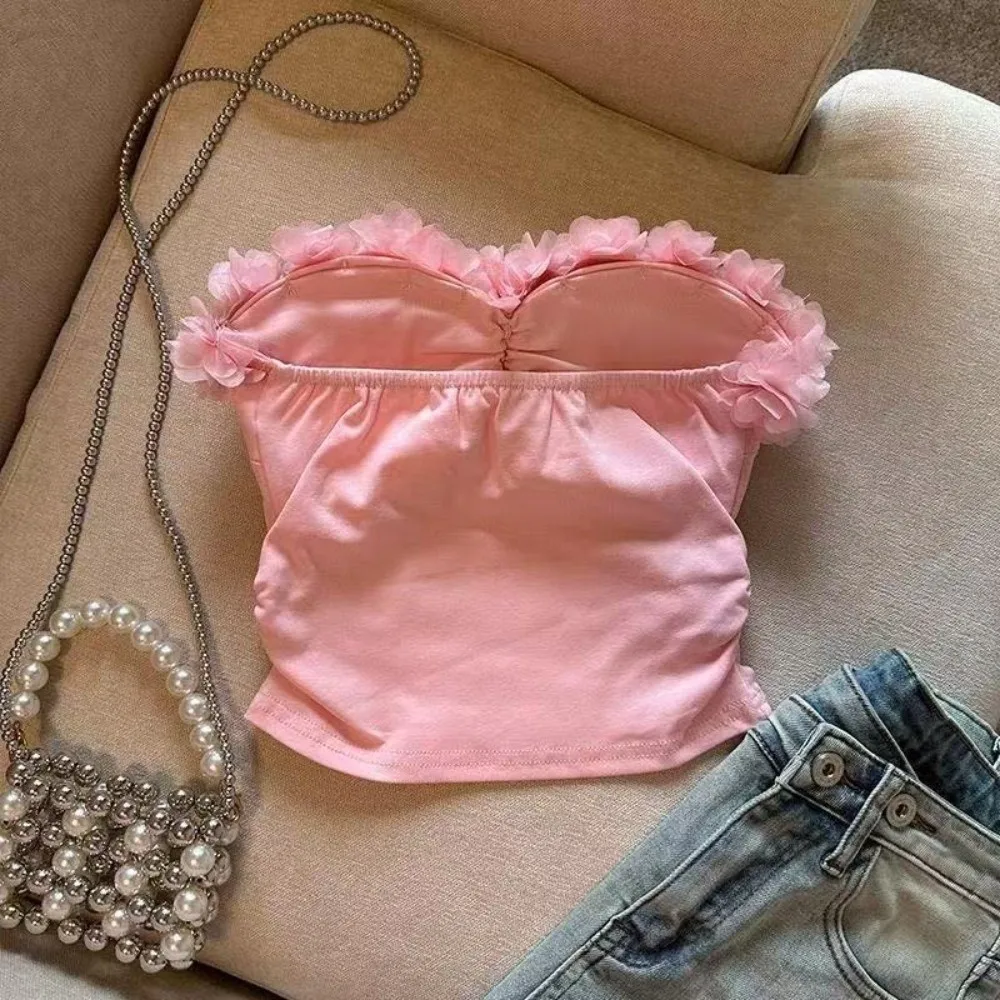Socialite Style 3D Flower Camisole 3D Flower Decoration Slim Fit Tanks Suspender Vest Sleeveless Wrap The Chest Crop Tops