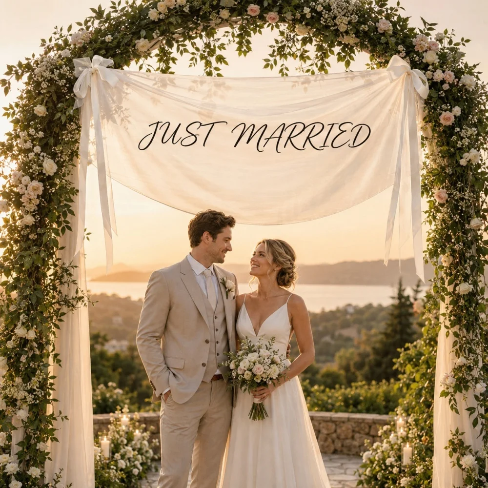Just Married Sheer Tulle Wedding Banner Custom Text Wedding Arch Backdrop Sign Bridal Party Photo Prop Decor