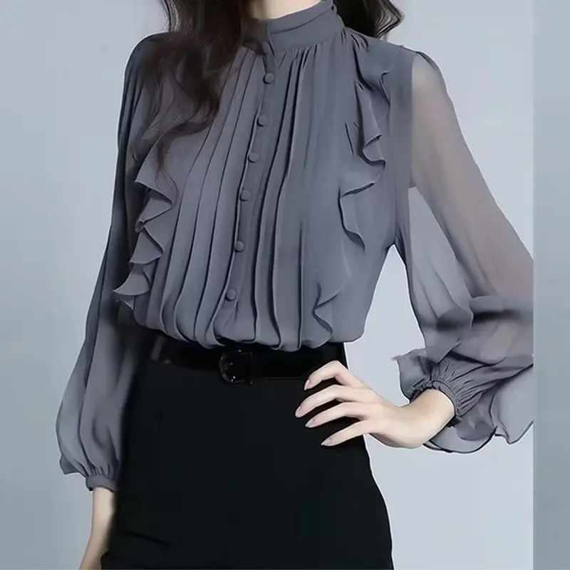 ربيع الخريف الإناث الشيفون الوقوف طوق قميص المرأة موضة جديدة الراقية نمط تكدرت بلوزة للسيدات