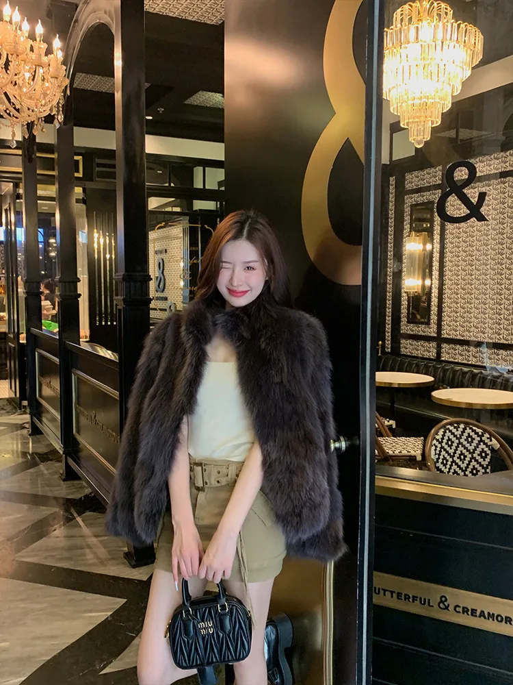 Women Faux Fox Fur Coats Solid Fur Jackets Cotton Linen Stand Collar Long Sleeves Open Stitch Loose Casual 2026 Autumn Winter