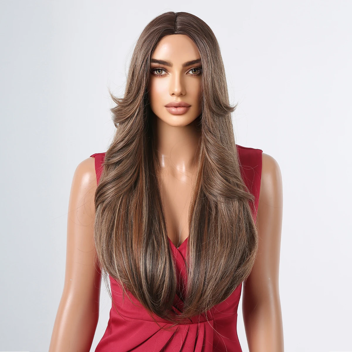 Brown Natural Long Straight Synthetic Hair Wig Middle Part Brown Mixed Color Wigs for Women Daily Party Use Heat Resistant Fiber