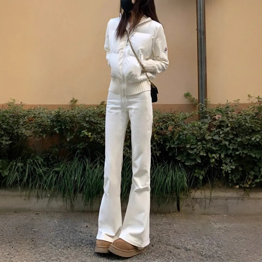 High Waist Elastic White Bell Bottom Jeans Women's Spring Autumn Design Slimming Jeans for Pear Shaped Body Washed Cotton Denim