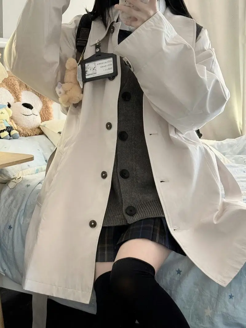 

Оригинальный дизайн, белое свободное женское пальто Queen Sle, корейское повседневное пальто из смеси хлопка из полиэстера, длинный воротник свека