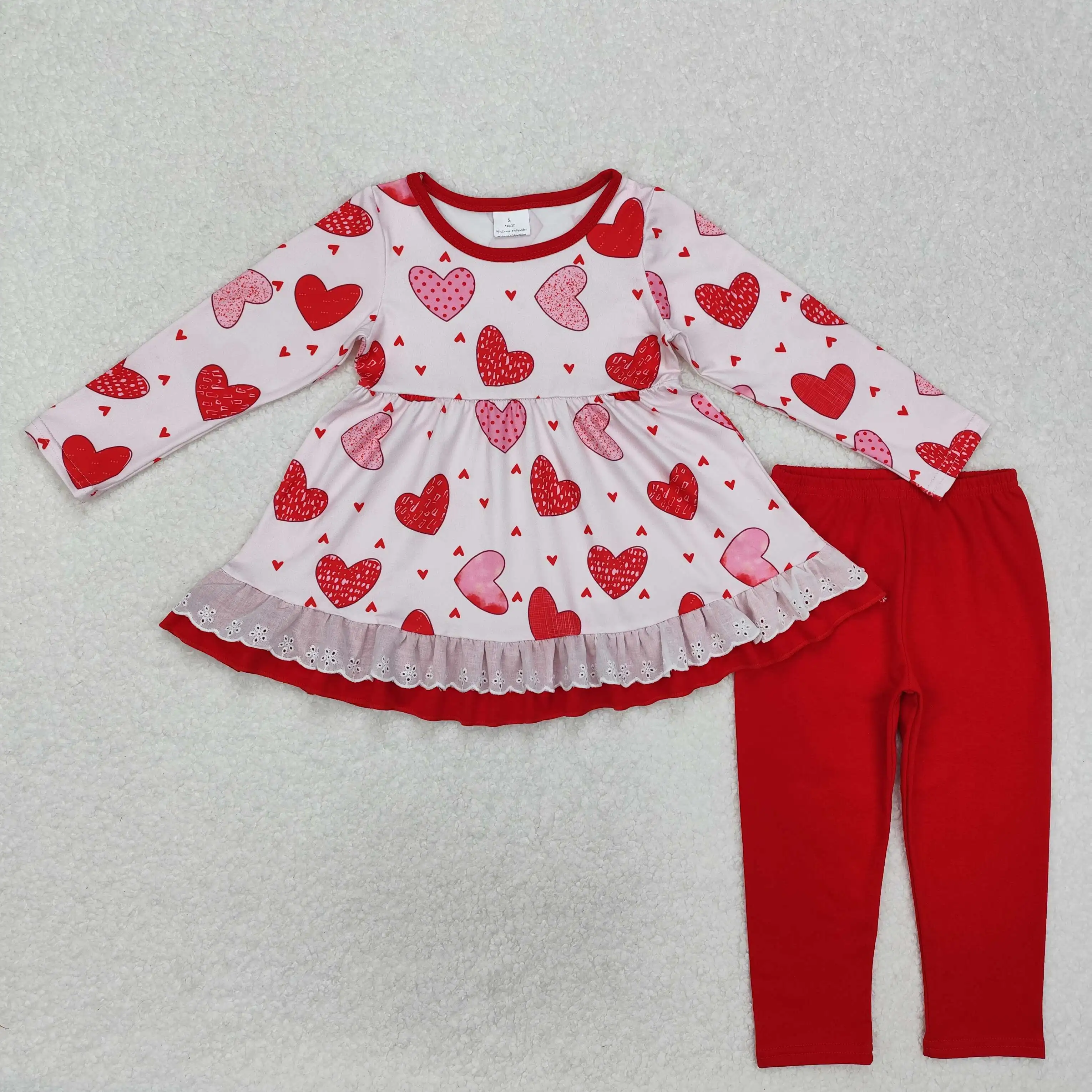 

New rts Infant Girls Valentine's Day Suit Wholesale Boutique Valentine's Day Love Lace Pink Girls Long Sleeve Pants Suit