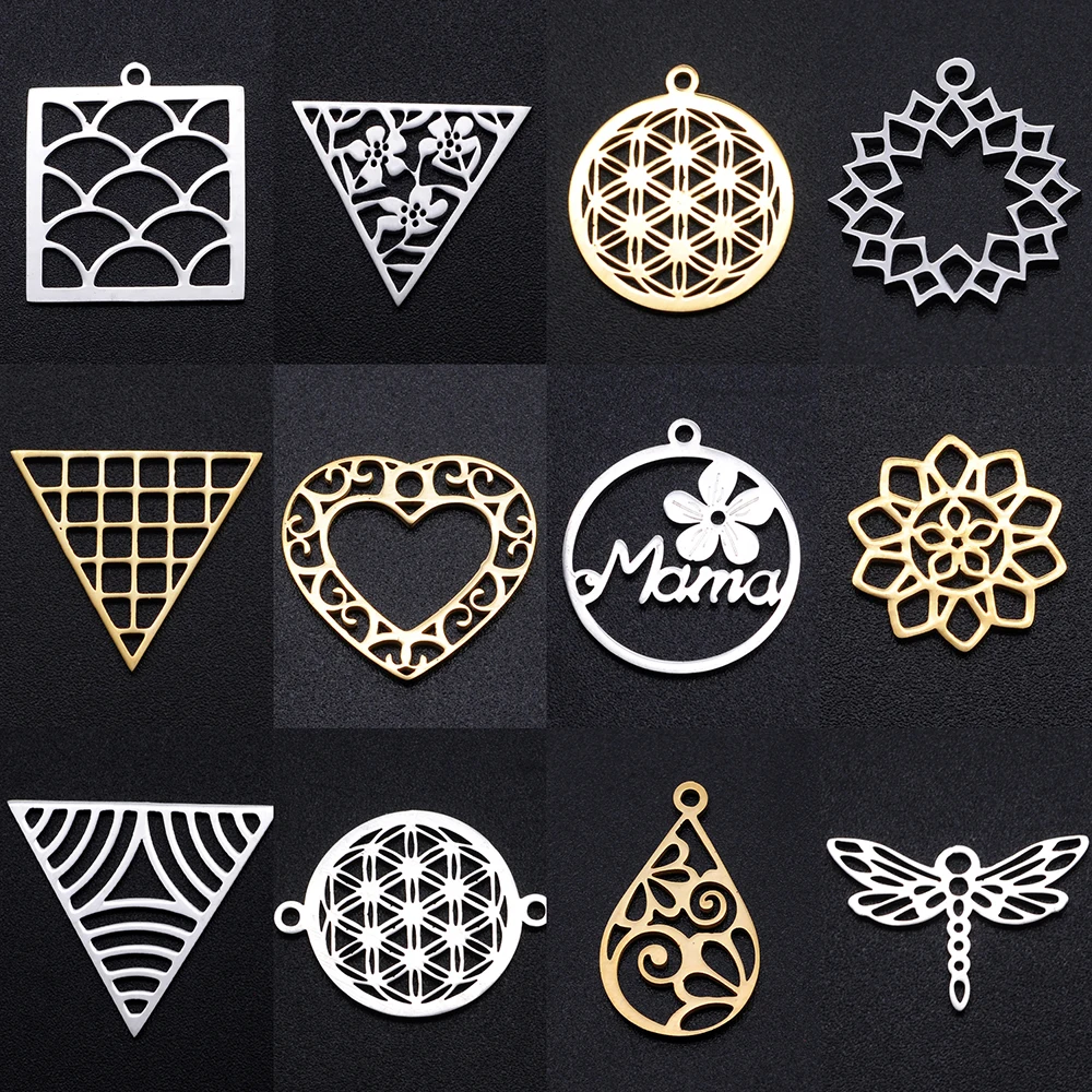 10Pcs/Lot Stainless Steel Moon Love  Flower Triangle Charms For Making Necklace Bracelet Fashion Jewelry