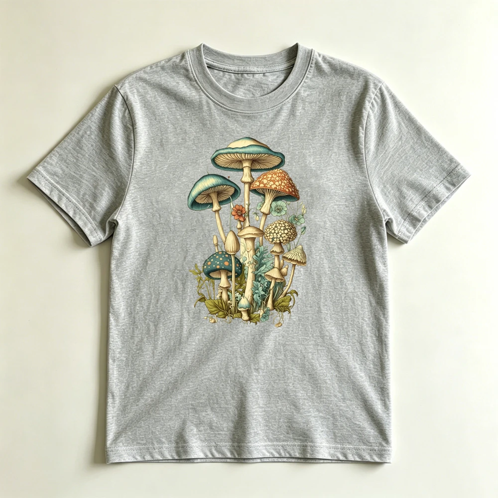 Vintage Botanical Mushroom Cluster Graphic T Shirt Women Summer Nature Art Print Tee Cottagecore Aesthetic Top