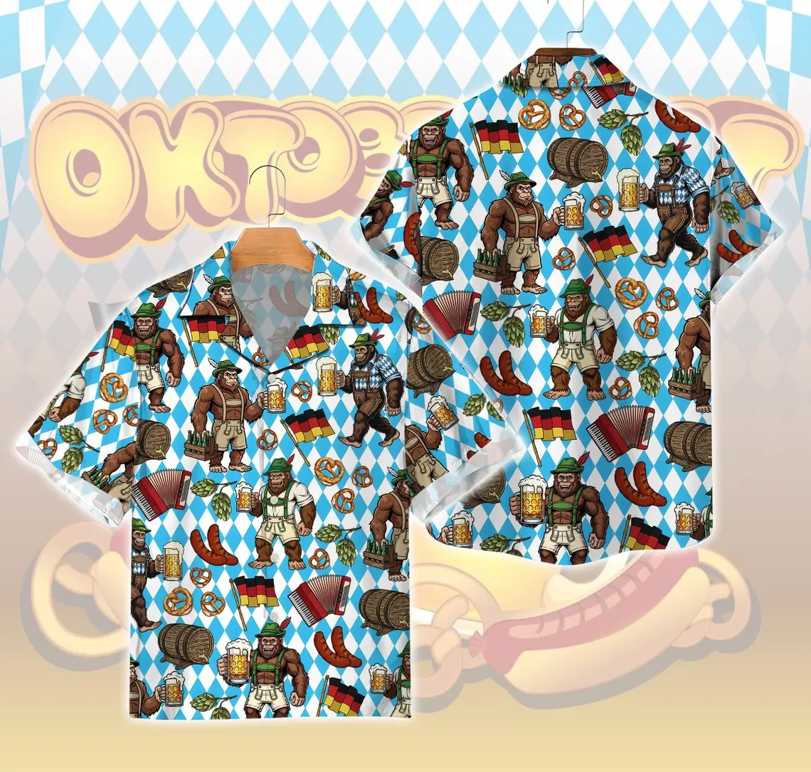Hot Selling, Fun and Creative Beer Glasses, Wooden Barrel Elements, Men's Short Sleeved Loose Casual Shirt