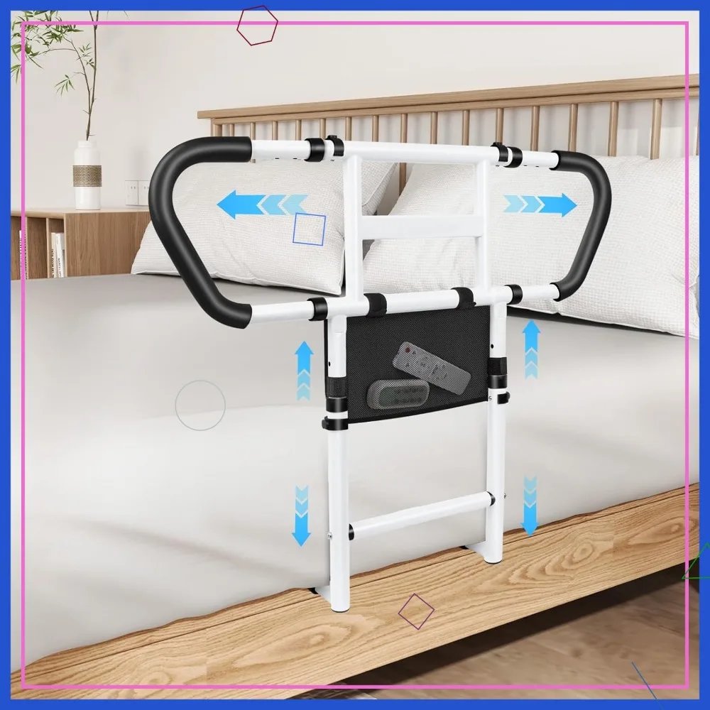 Adjustable Bed Rails for Elderly Safety with Storage Pockets, Non-Slip Handles, Motion Sensor Light, 400LB Capacity