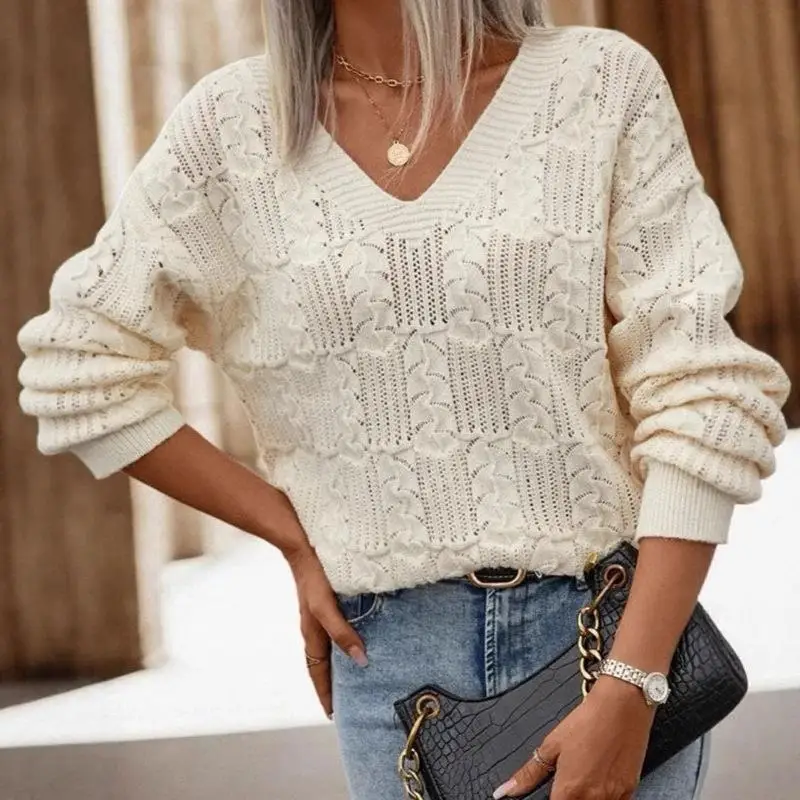 Modny damski sweter z dzianiny z paskiem, ażurowy dekolt w kształcie litery V, długi rękaw, uniwersalny, jednolity kolor.