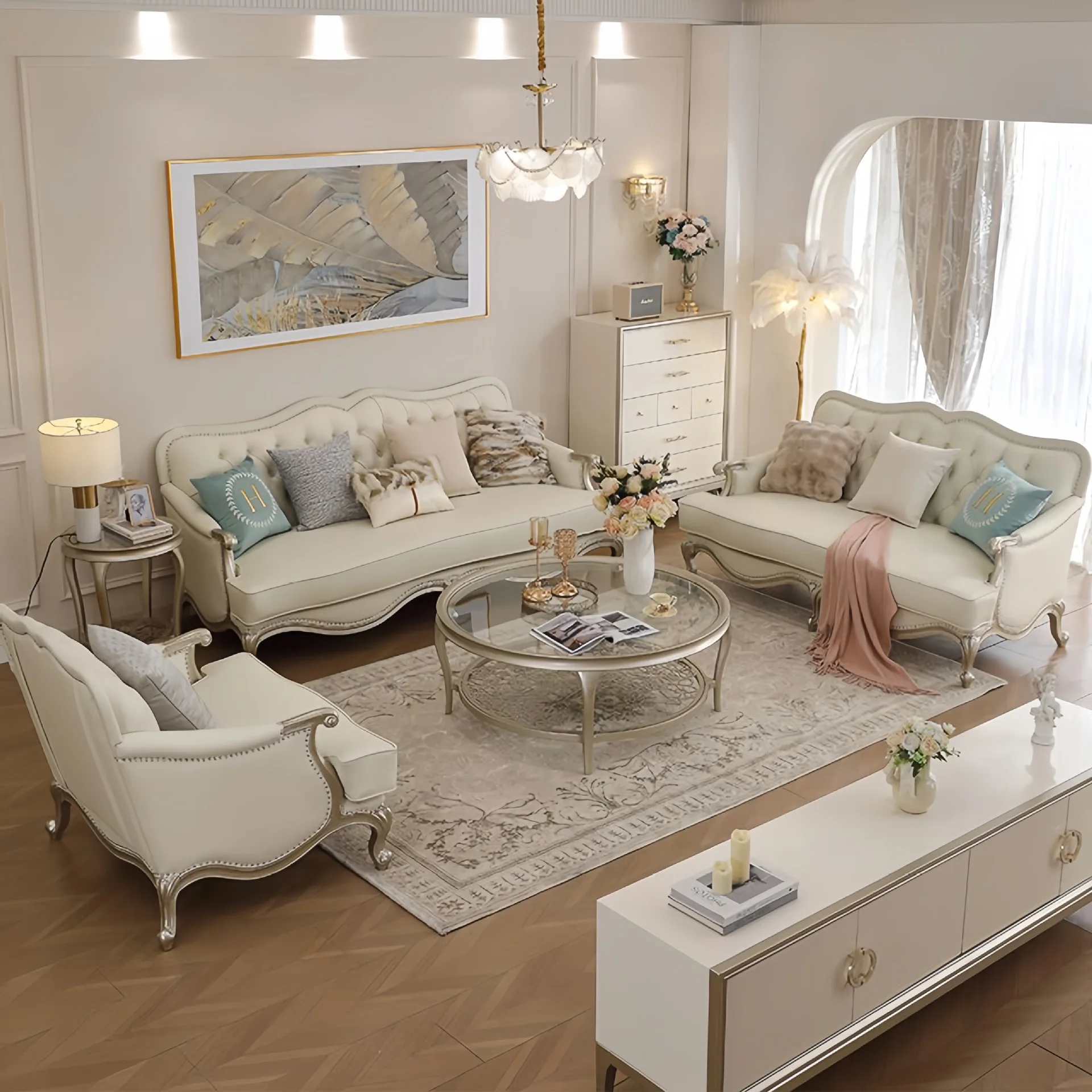 Factory Direct 2026 American light luxury solid wood  2025 new leather art sofa Italian living room  high-end villa sofa combina