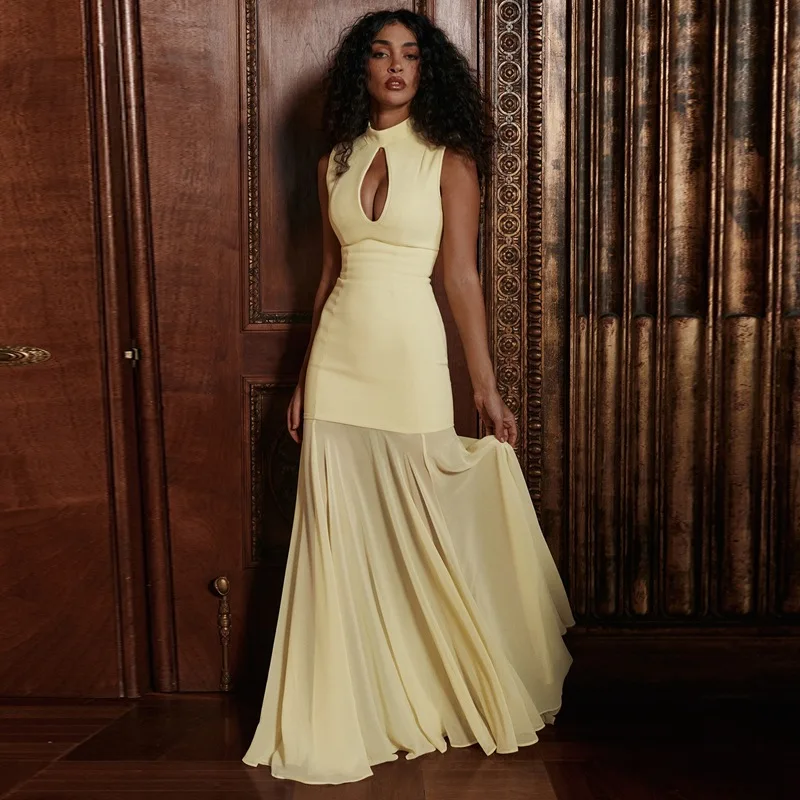 TARUXY Seksowna Sukienka z Wycięciami Elegancka Letnia Nowa Moda Bez Rękawów Szyfonowa Sukienka z Wstawkami Jednolita Długa Sukienka Damska na Imprezę