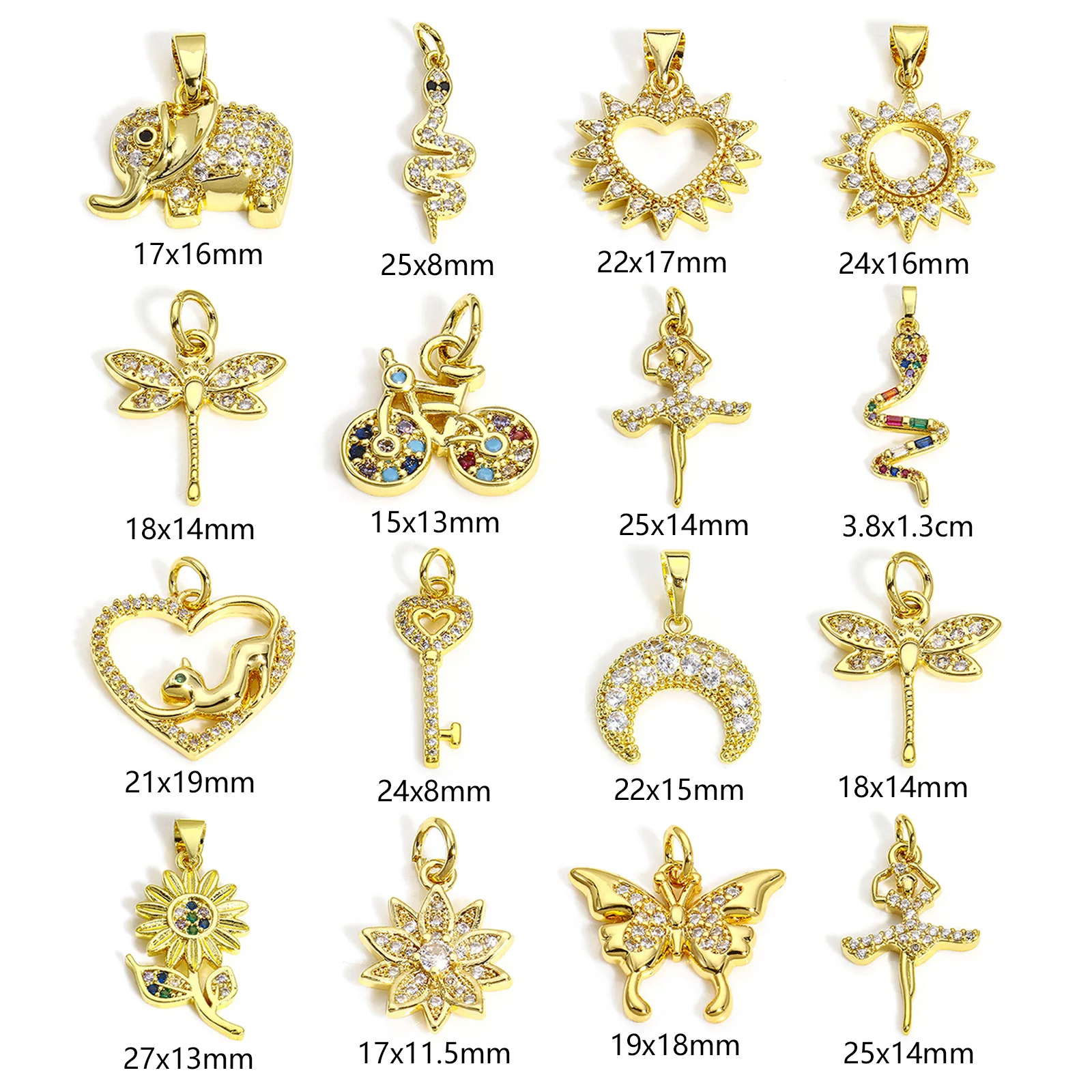 2pcs New Brass Charms Gold Color Animal Butterfly Elephant Sun Micro Pave Clear Cubic Zirconia Pendants DIY Necklace Jewelry