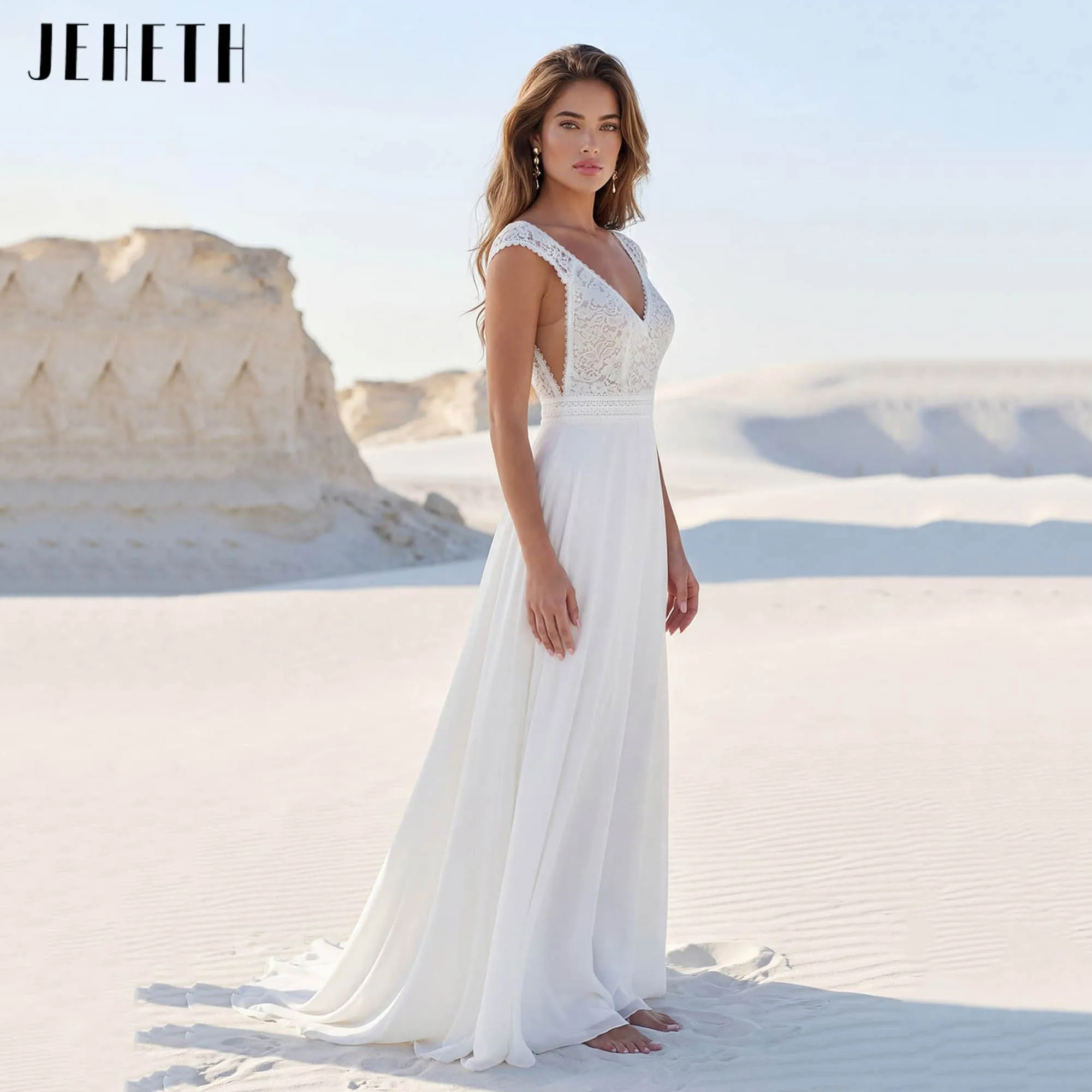 

JEHETH Bohemian Lace Wedding Dress Deep V-neck Chiffon A-line Lightweight Bride Gown V-back Sleeveless robe de mariée Customized